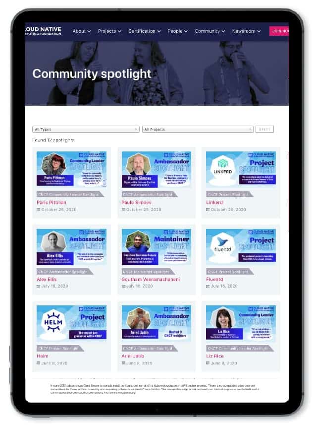 Web page example showing community spotlight